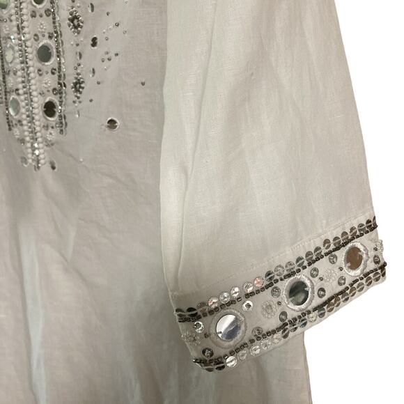 CHICO'S SZ 0 WHITE & Silver EMBELLISHED TUNIC TOP SEQUIN BEADED Linen Blend - Picture 3 of 6